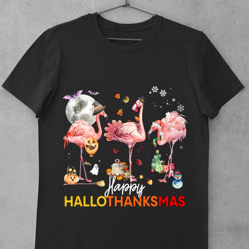 Premium Flamingos Happy HalloThanksMas Halloween Thanksgiving Christmas Shirt 1
