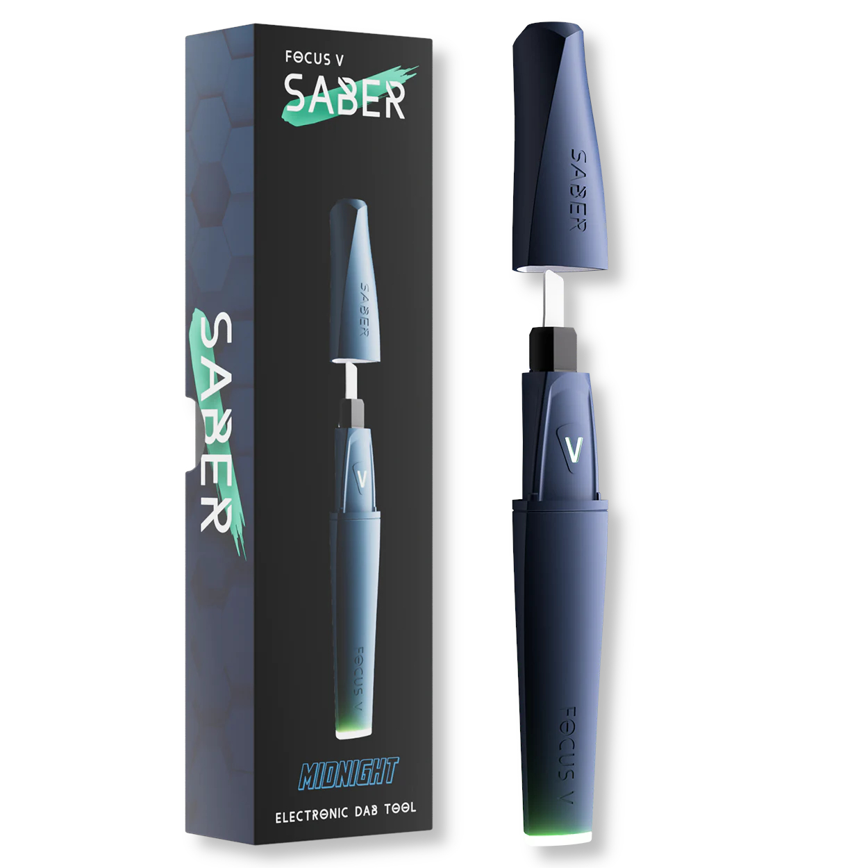 Focus V Sabre heated dab tool and packaging, in the color Black.