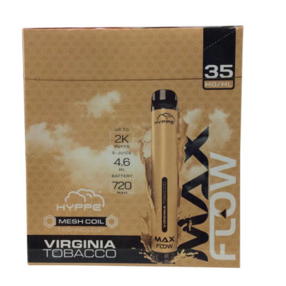 Introducing the Hyppe Max Flow disposable vape — an ideal vape for beginners or for users who want simplicity and not overly sweet flavor. Bigger isn’t always better, and the Hyppe Max flow is just your answer with its compact cylindrical design, making it one of the smaller disposable vapes on the market. There’s no fuss of buttons, bright LED screens, or the need to recharge. Vape discreetly for up to 2,000 puffs, and just toss the device away when its depleted. The Hyppe Max Flow features a bottom stepless airflow control ring, which allows users to finely tune their hit from an airy draw to a tighter, mouth-to-lung style of a cigarette. Bottom airflow control ring Made in China Made with salt nicotine Draw-activation firing mechanism Mesh coil technology Package Contents: 1 X Hyppe Max Flow Disposable E-Cigarette