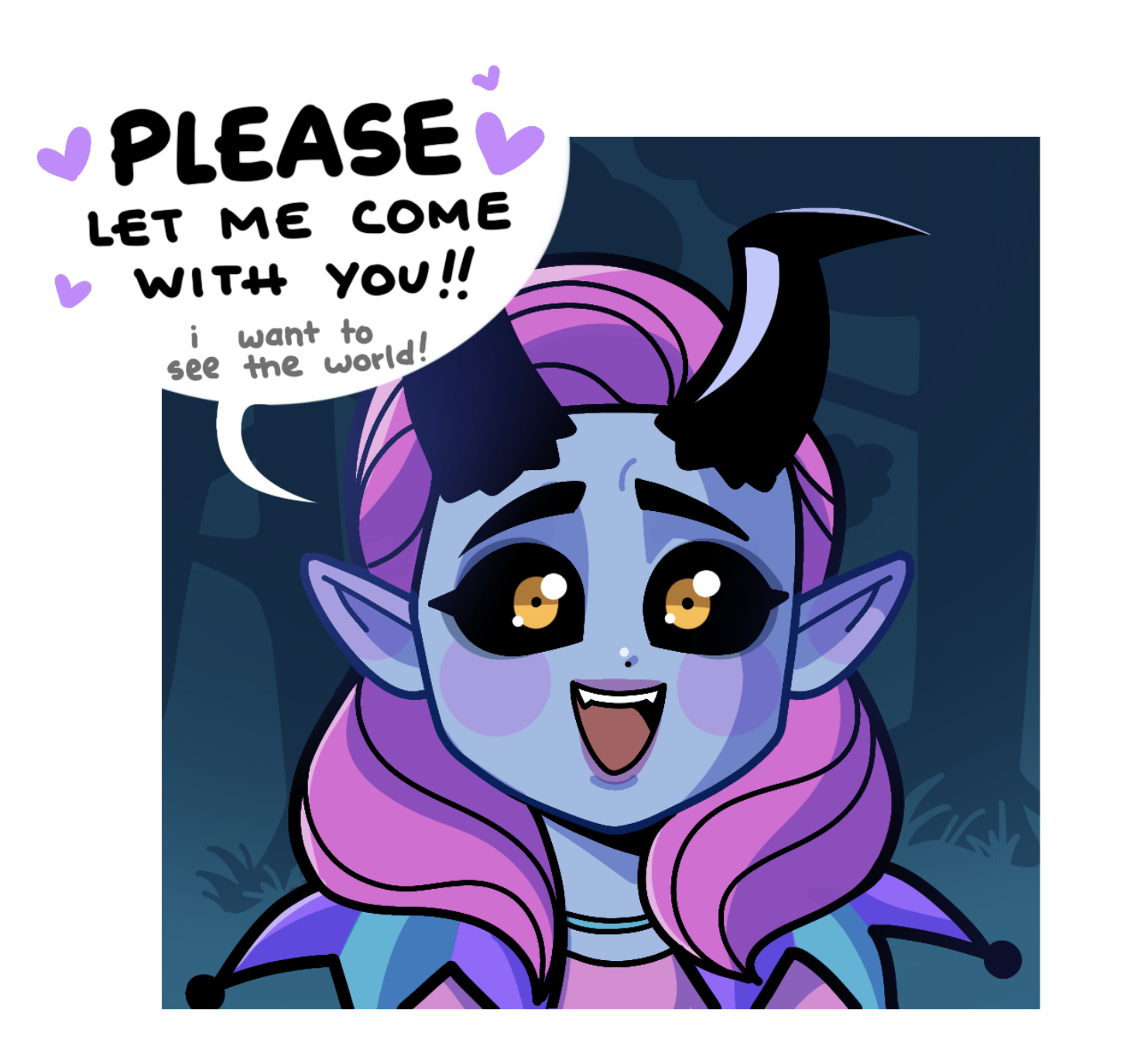 alfira saying “please let me come with you! i want to see the world!” and also there are little hearts all over her speech bubble