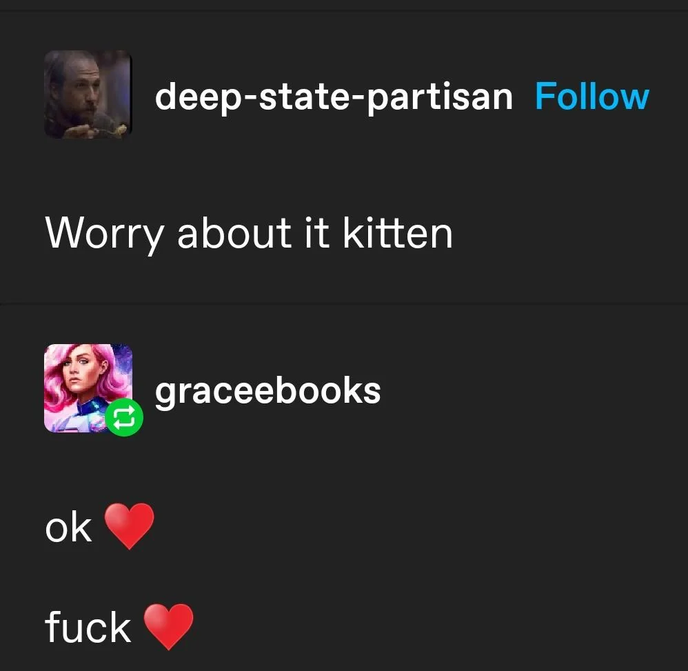 deep-state-partisan: worry about it kitten

grace ebooks: ok ❤️ fuck ❤️