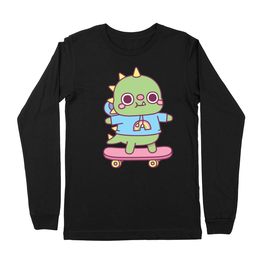 Cute Dino With Hoodie On Skateboard Premium Long Sleeve