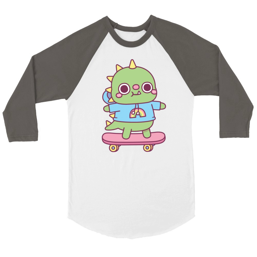 Cute Dino With Hoodie On Skateboard Unisex ¾ sleeve Raglan T-shirt