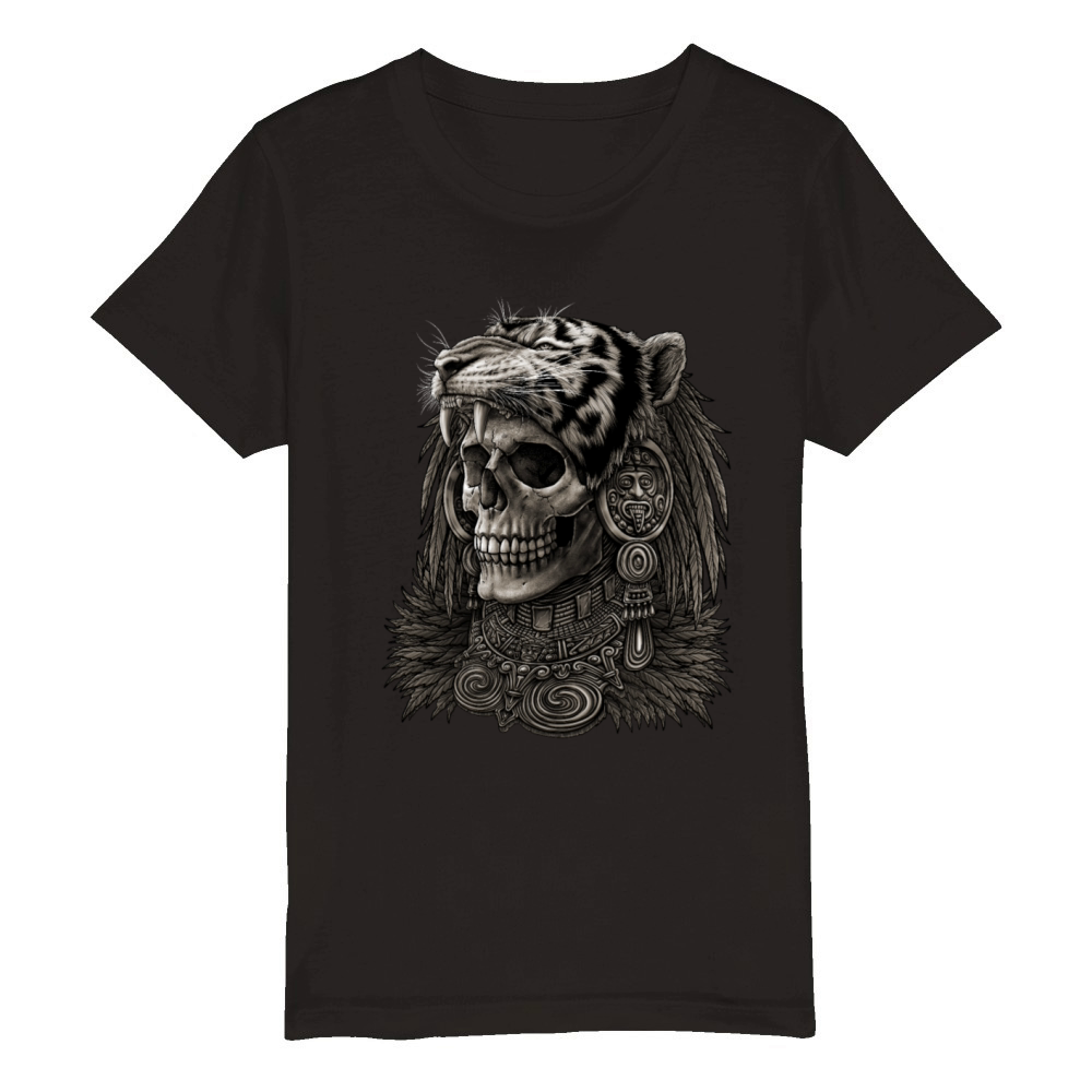 Aztec skull Warrior Tiger Headdress Organic Kids Crewneck T-shirt