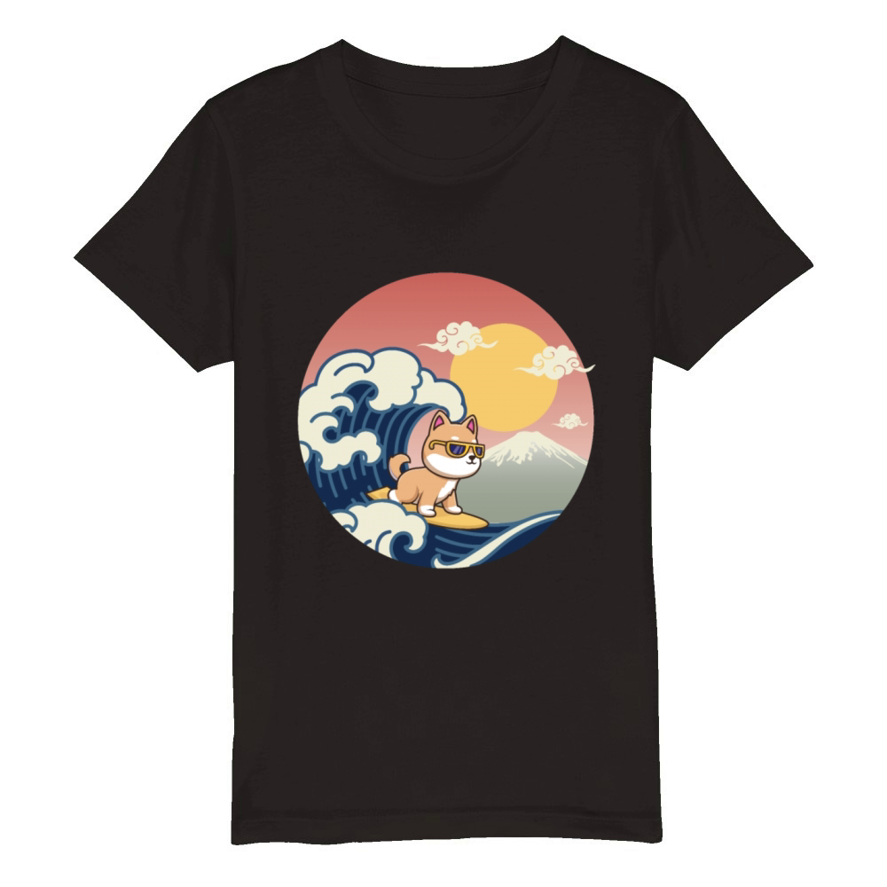Vintage Sunset Surfing Shiba Inu - summer vibes Organic Kids Crewneck T-shirt