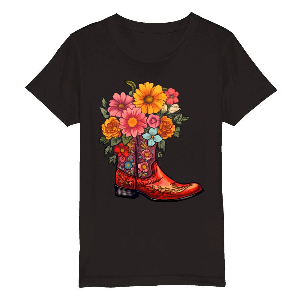 Cowboy Flower Boots Vintage Floral Cowboy Organic Kids Crewneck T-shirt