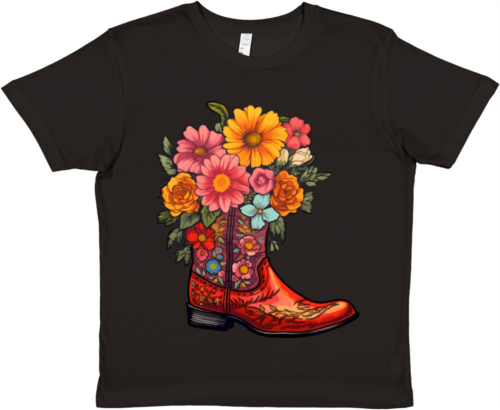 Cowboy Flower Boots Vintage Floral Cowboy Premium Kids Crewneck T-shirt