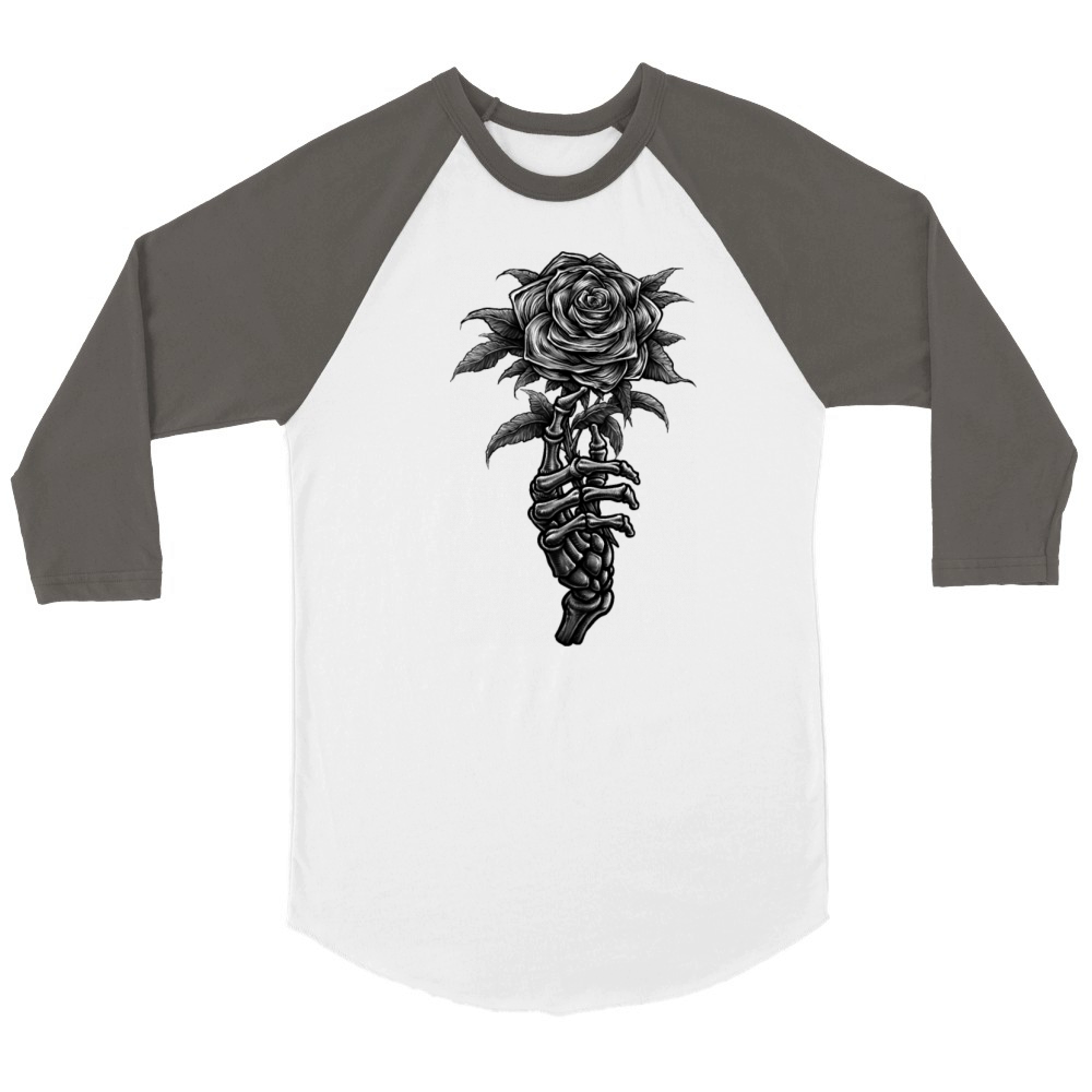 Vintage skeleton hand holding rose Unisex ¾ sleeve Raglan T-shirt