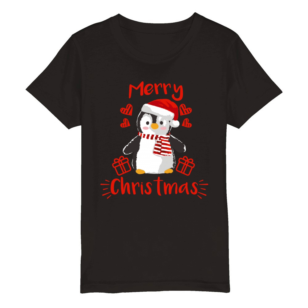 Merry Christmas Cute Baby Penguin Red And White Organic Kids Crewneck T-shirt