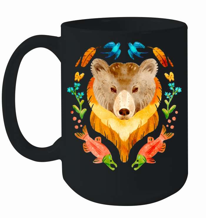 Pretty Grizzly Bear And Salmon Gouache Ceramic Mug