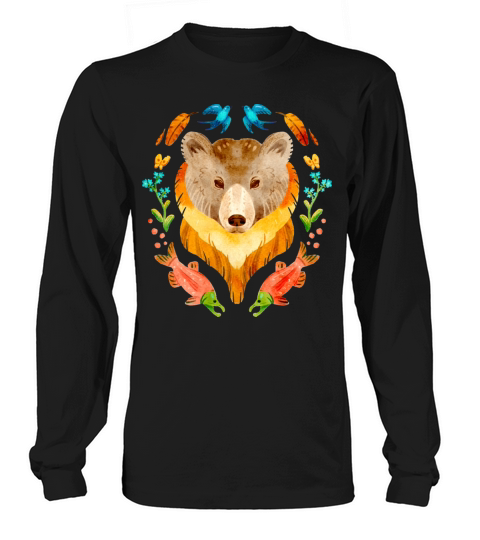 Pretty Grizzly Bear And Salmon Gouache Long sleeved Unisex