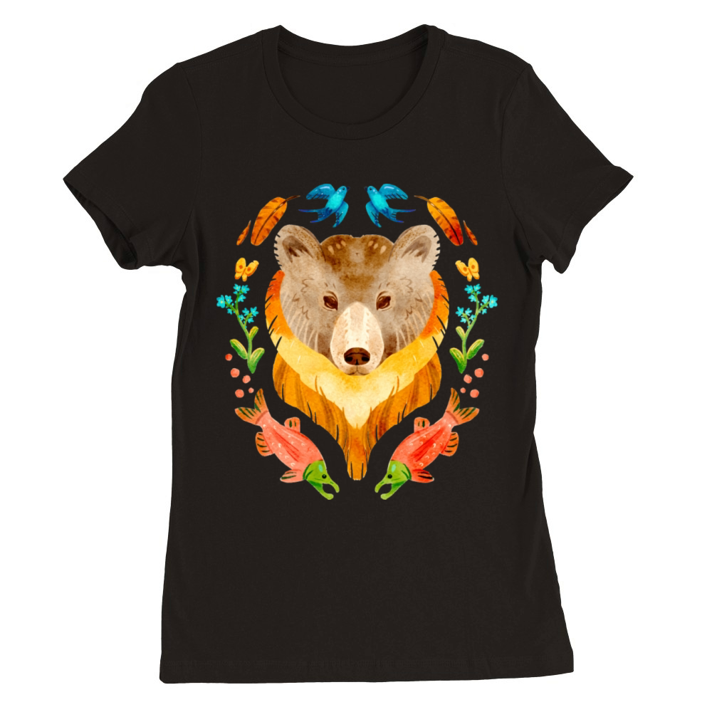 Pretty Grizzly Bear And Salmon Gouache Premium Womens Crewneck T-shirt