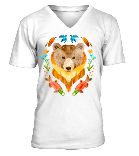 Pretty Grizzly Bear And Salmon Gouache V-Neck T-shirt