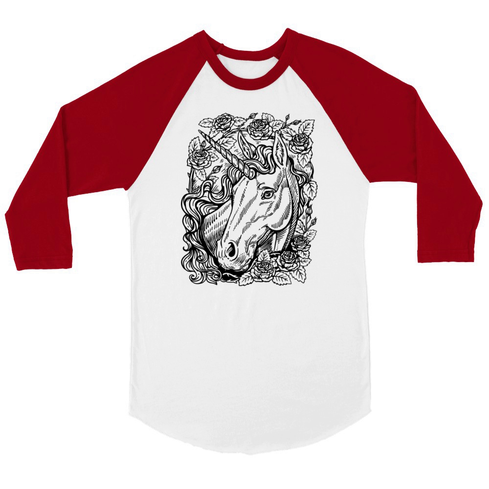 Unicorn Portrait With Roses Unisex ¾ sleeve Raglan T-shirt