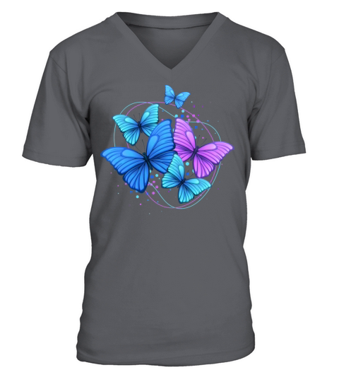Purple Blue Bright Modern Flying Butterflies V-Neck T-shirt