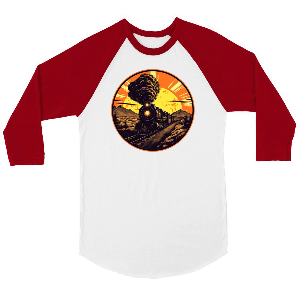 Vintage Steam Train at Sunset - Railway Design Unisex ¾ sleeve Raglan T-shirt