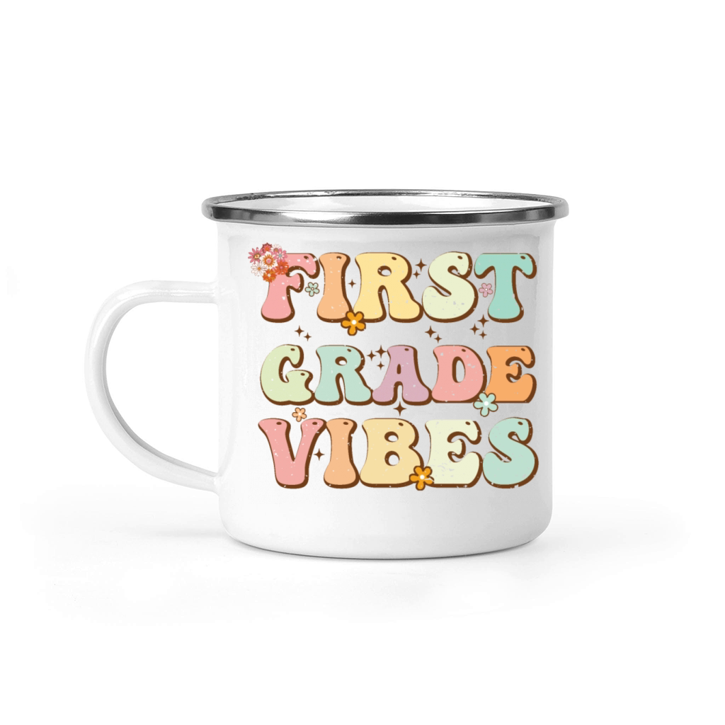 First Grade Vibes Retro Groovy Vintage First Day Camping Mug