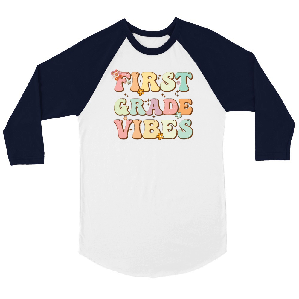 First Grade Vibes Retro Groovy Vintage First Day Unisex ¾ sleeve Raglan T-shirt