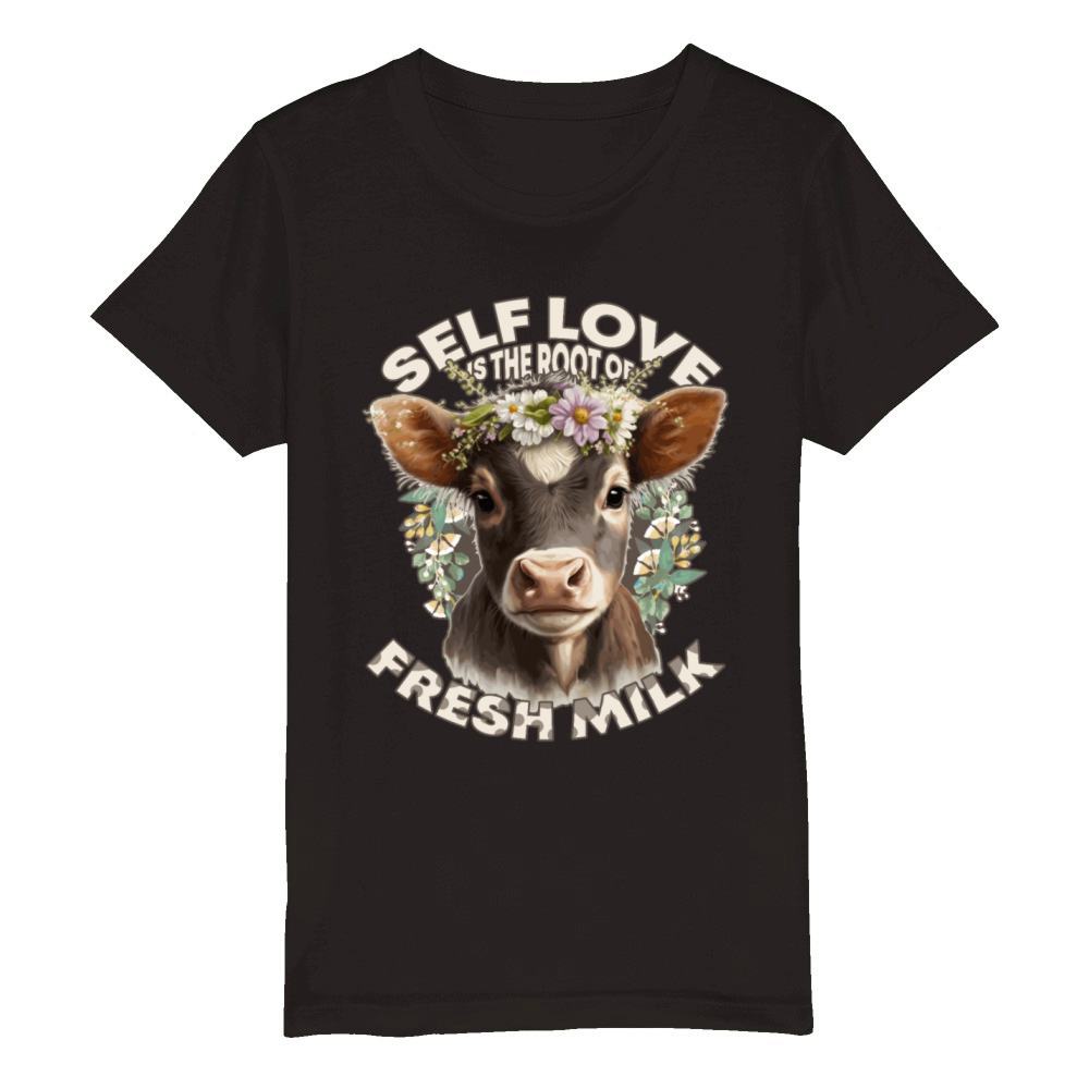 Self Love Funny Cow Humor Flower Crown Farm Animal Organic Kids Crewneck T-shirt