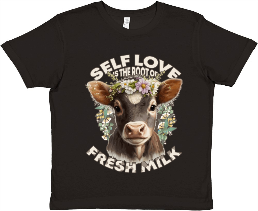 Self Love Funny Cow Humor Flower Crown Farm Animal Premium Kids Crewneck T-shirt