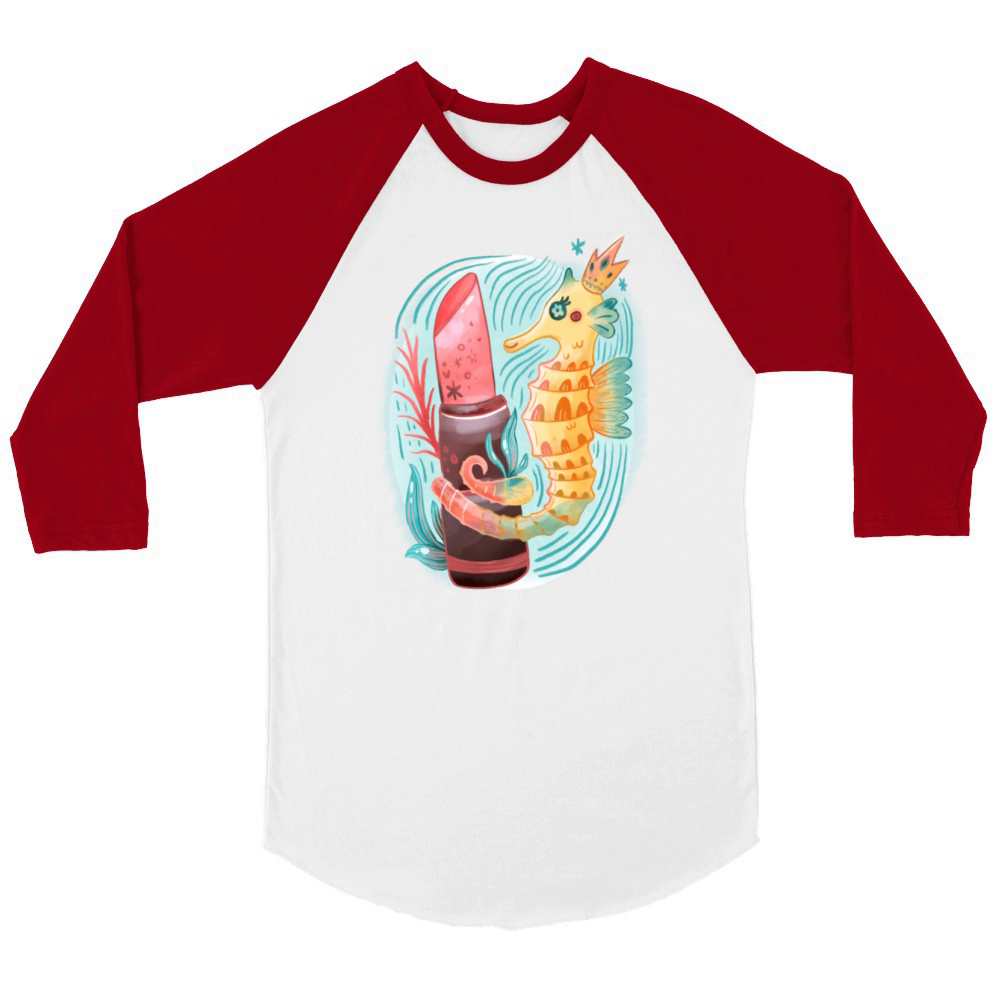 Seahorse King With Pink Lipstick Watercolor Unisex ¾ sleeve Raglan T-shirt