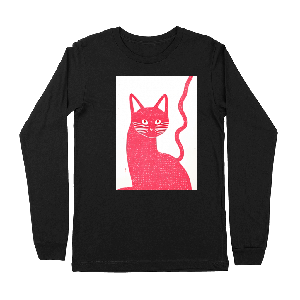 Pink Stamp Print Cat Retro Poster Vintage Art Cat Premium Long Sleeve