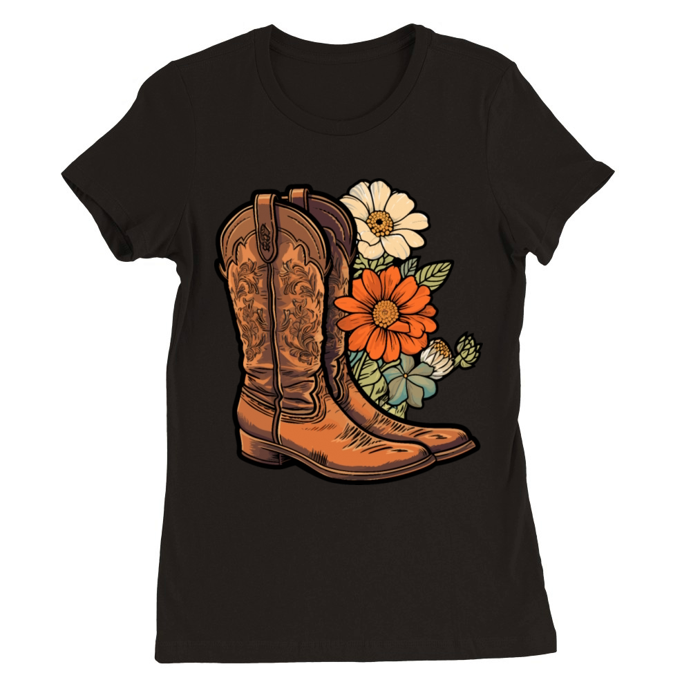 Cowboy Flower Boots Vintage Floral Cowboy Premium Womens Crewneck T-shirt