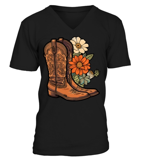 Cowboy Flower Boots Vintage Floral Cowboy V-Neck T-shirt
