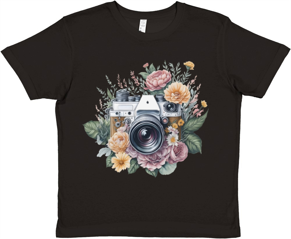 Retro Vintage Camera Flowers Premium Kids Crewneck T-shirt