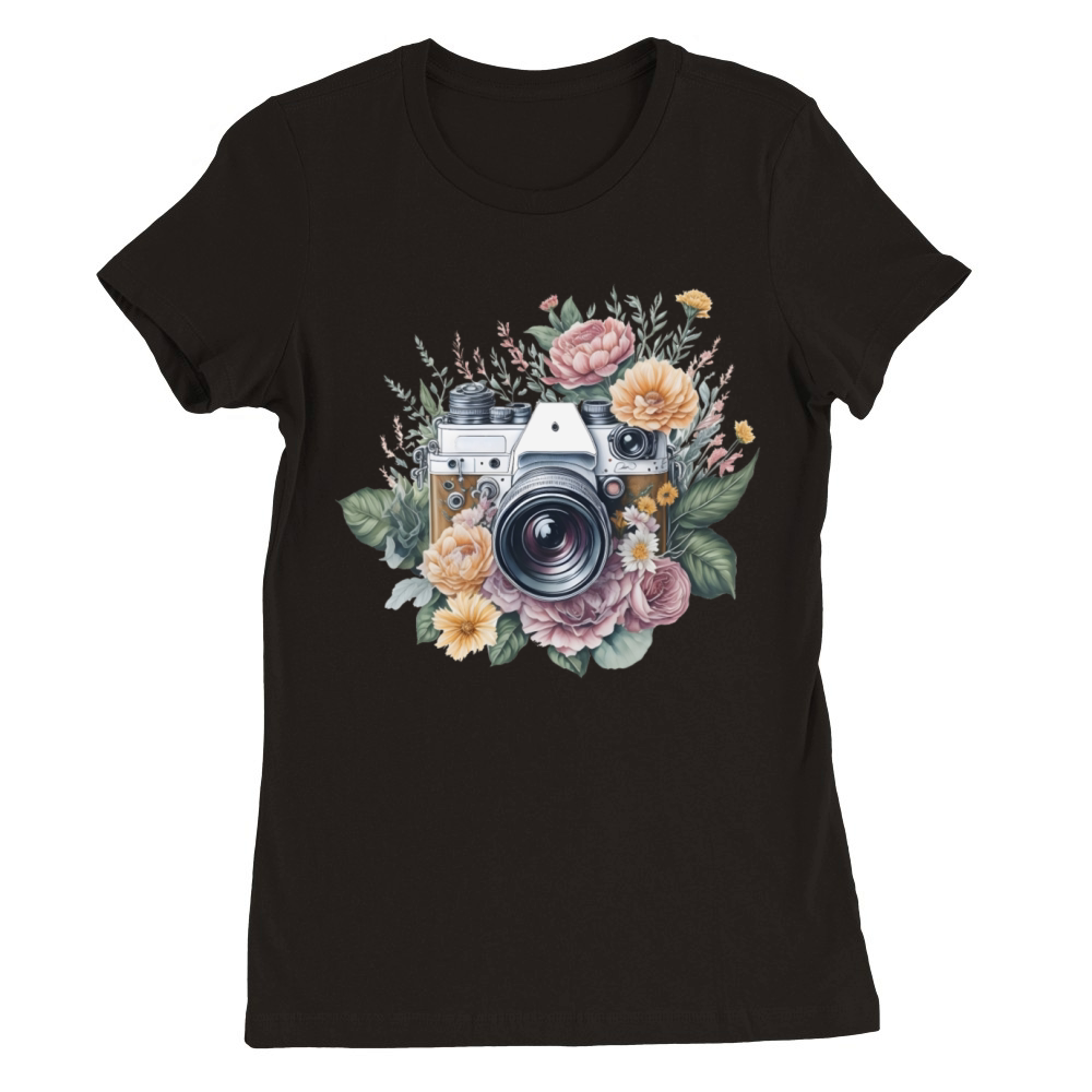 Retro Vintage Camera Flowers Premium Womens Crewneck T-shirt