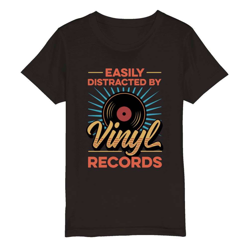 Easily Distracted By Vinyl Records Vintage Vinyls Organic Kids Crewneck T-shirt