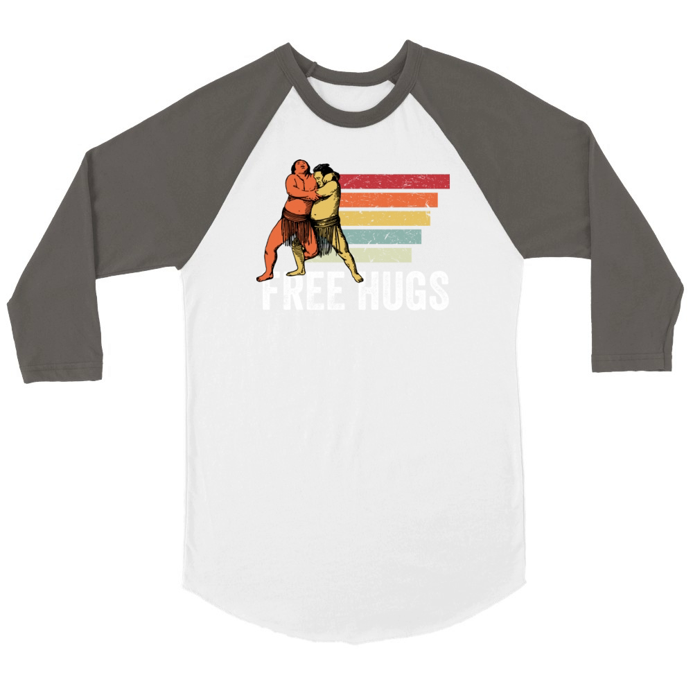 Free Hugs Sumo Wrestling Funny Unisex ¾ sleeve Raglan T-shirt