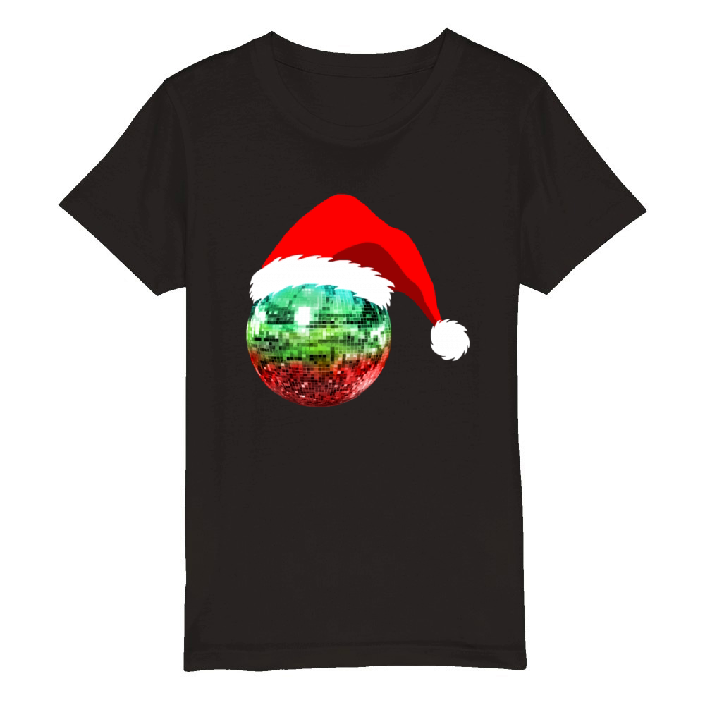Red and Green Santa Christmas Disco Ball Organic Kids Crewneck T-shirt