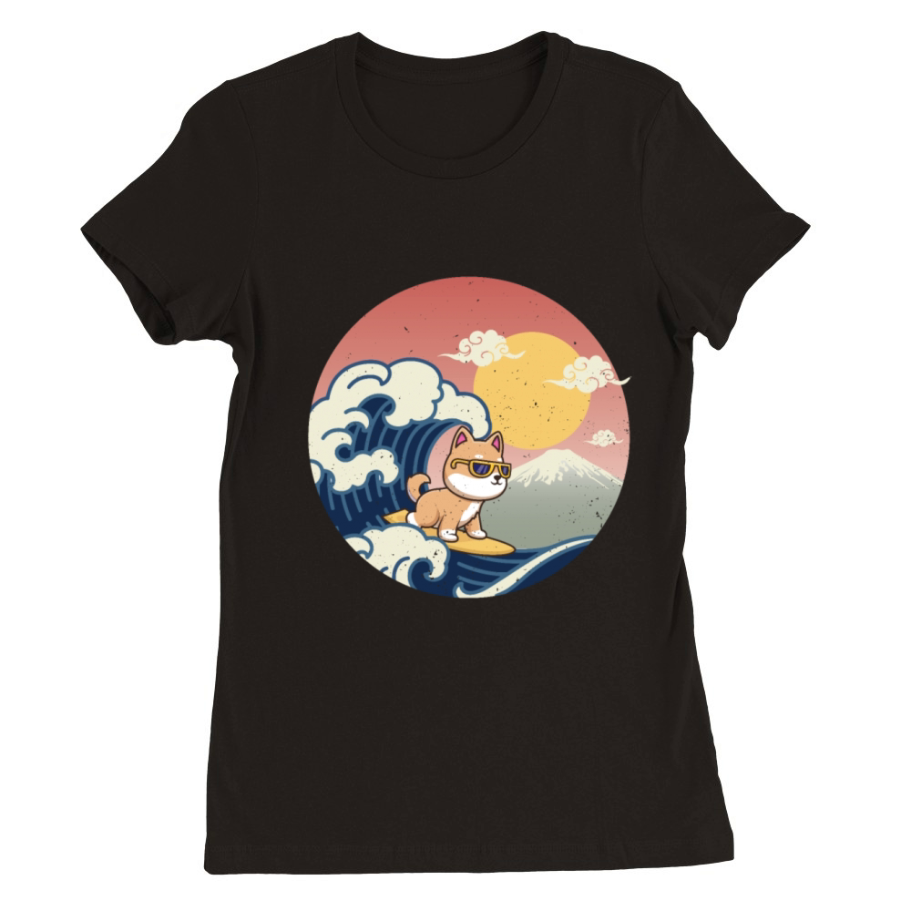 Vintage Sunset Surfing Shiba - Beach Summer Premium Womens Crewneck T-shirt