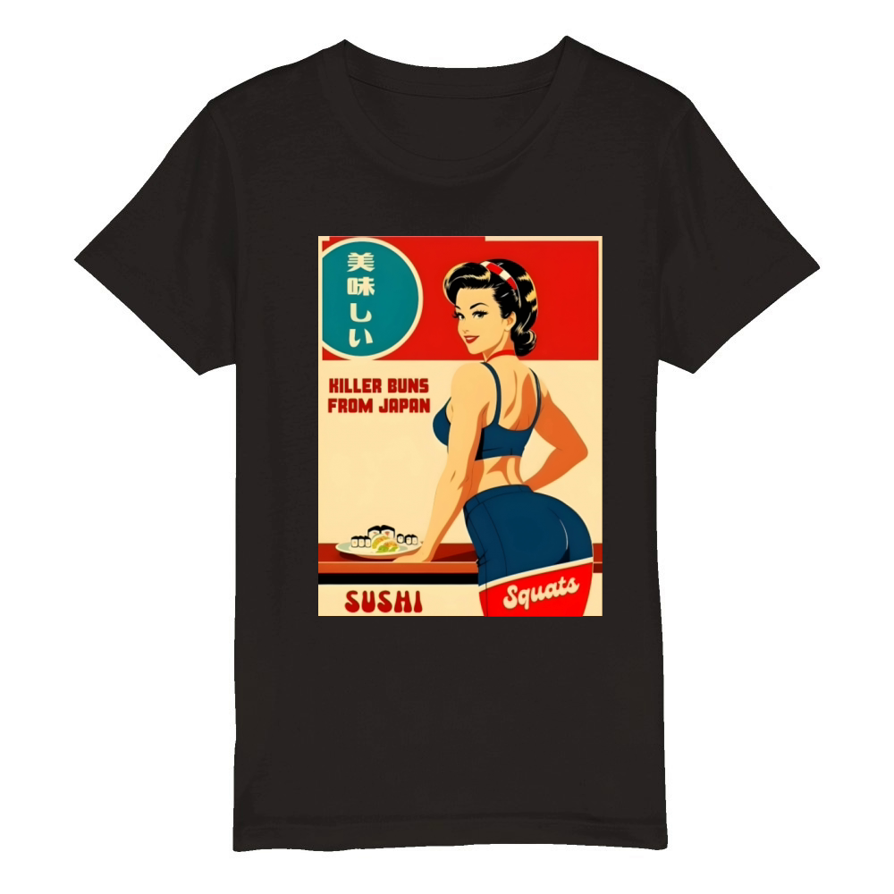 Cheeky Vintage Art Style Japan Sushi Fitness Humor Organic Kids Crewneck T-shirt