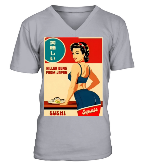 Cheeky Vintage Art Style Japan Sushi Fitness Humor V-Neck T-shirt
