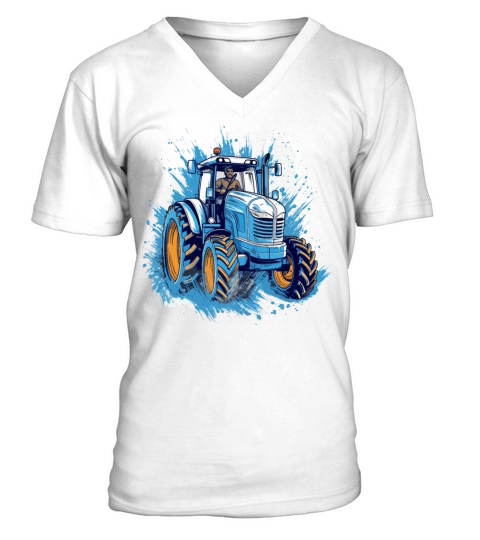 Blue Tractor Watercolor Art V-Neck T-shirt