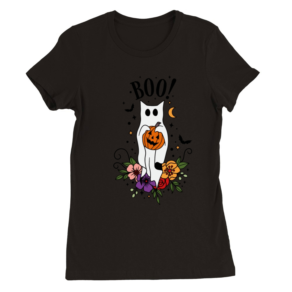 Halloween Cat Ghost Premium Womens Crewneck T-shirt