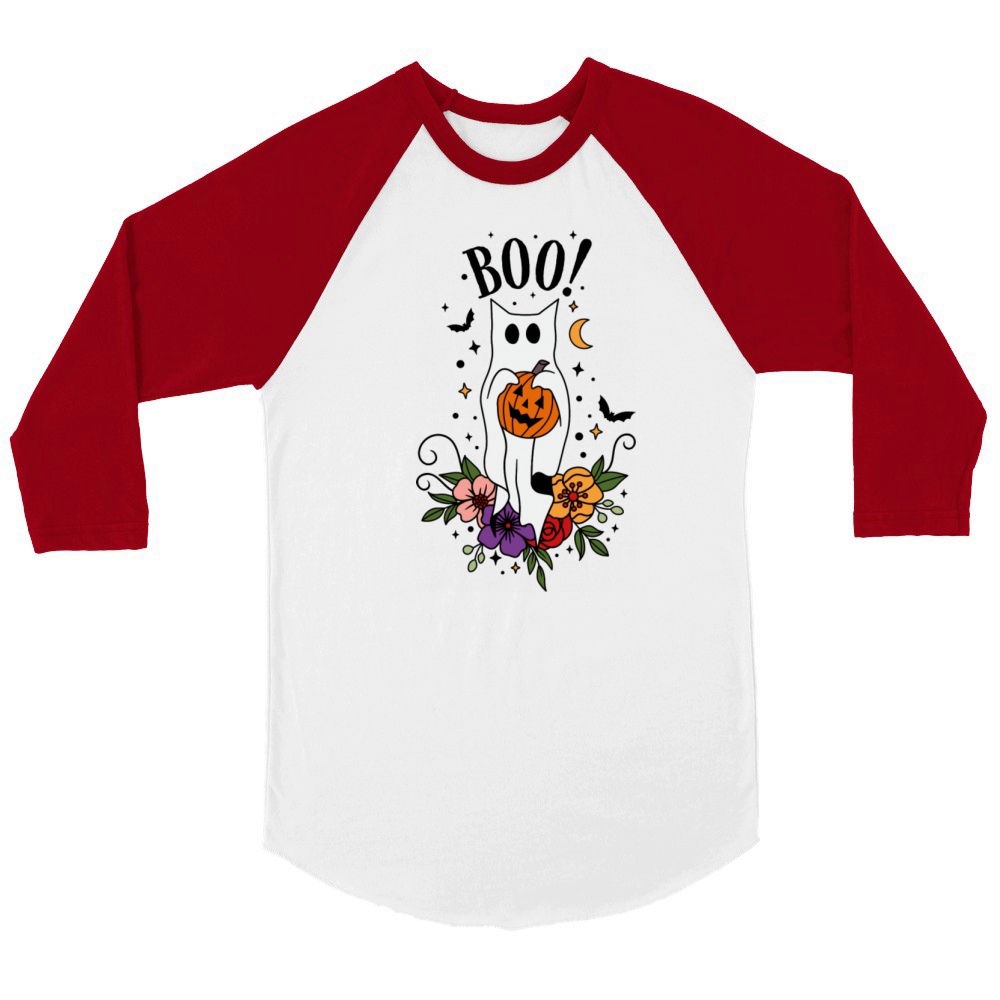 Halloween Cat Ghost Unisex ¾ sleeve Raglan T-shirt