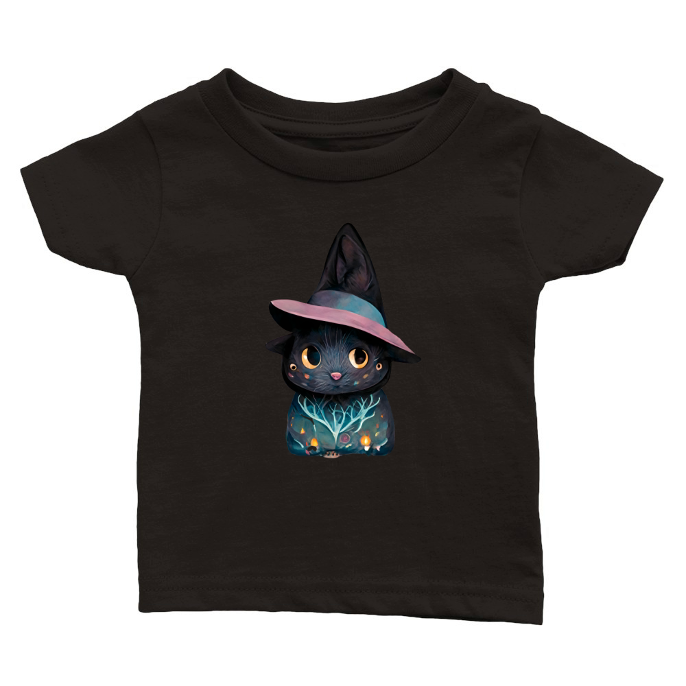 Cute Happy Halloween Black Cat Wearing a Witch Hat Classic Baby Crewneck T-shirt