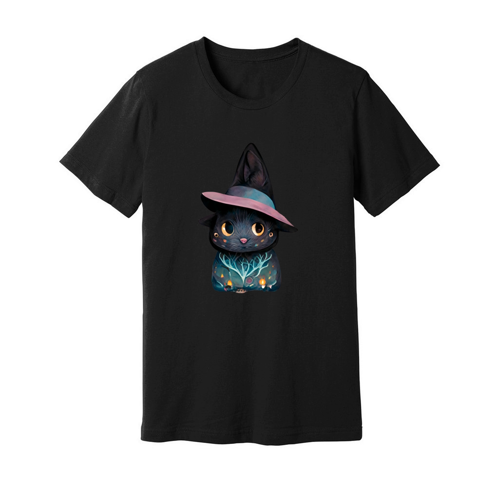 Cute Happy Halloween Black Cat Wearing a Witch Hat Unisex Jersey Tee