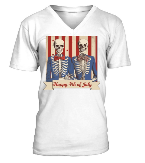 Vintage Style Fourth of July Skeleton Couples V-Neck T-shirt