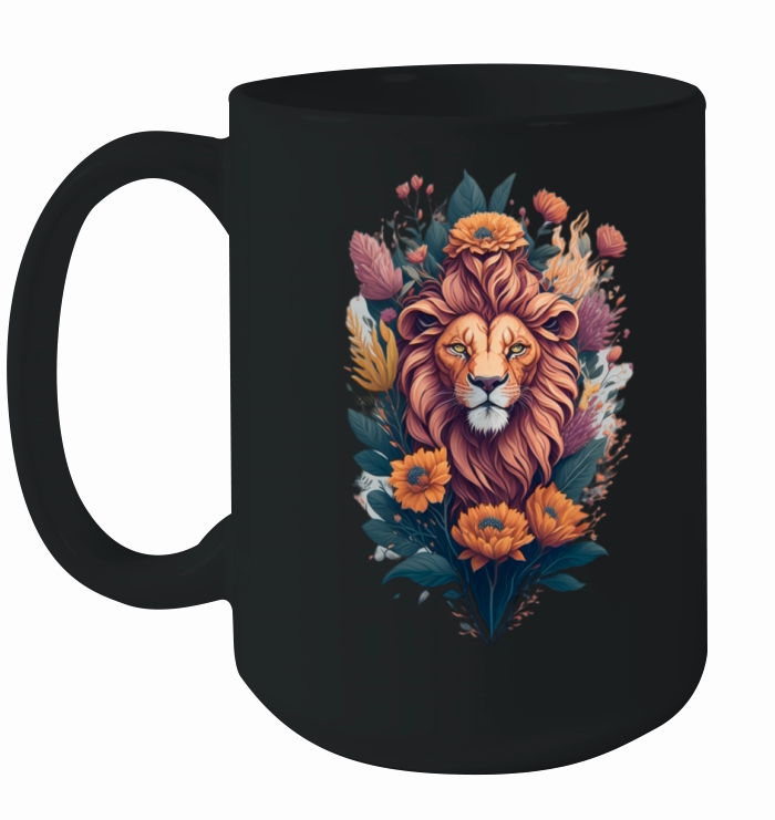 Vintage Lion Head and Flower Splash T-Shirt Design Ceramic Mug