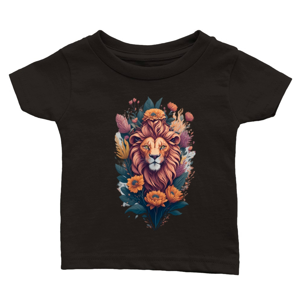 Vintage Lion Head and Flower Splash T-Shirt Design Classic Baby Crewneck T-shirt