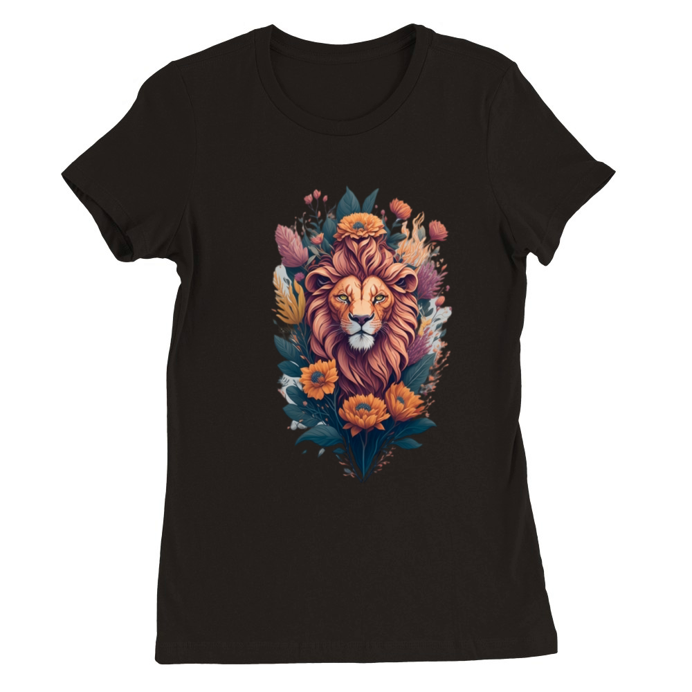 Vintage Lion Head and Flower Splash T-Shirt Design Premium Womens Crewneck T-shirt
