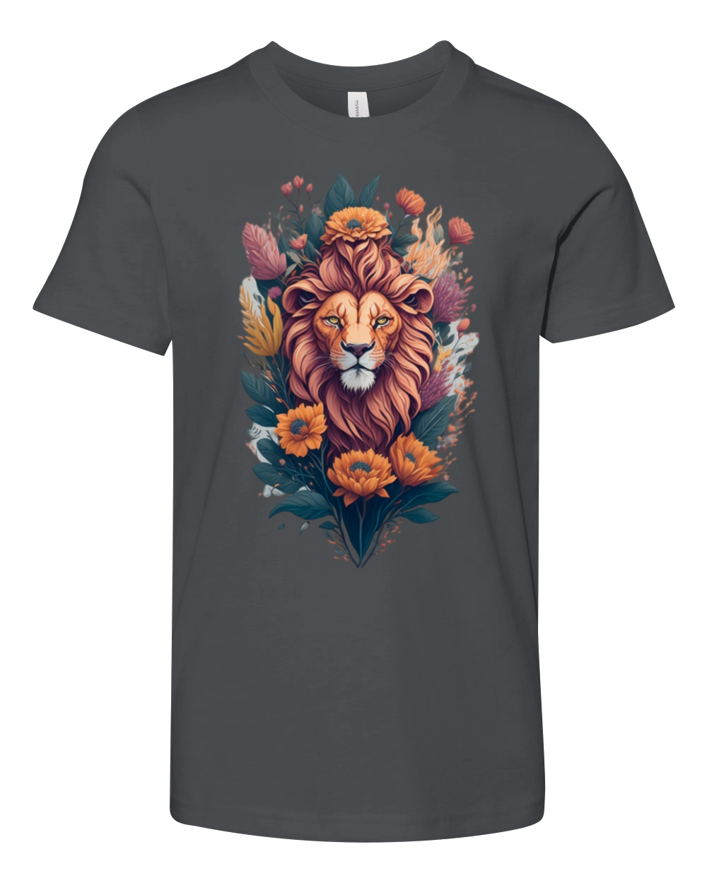 Vintage Lion Head and Flower Splash T-Shirt Design Youth Unisex Jersey Tee