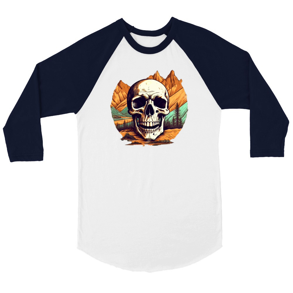 Skull against the backdrop of mountains Unisex ¾ sleeve Raglan T-shirt