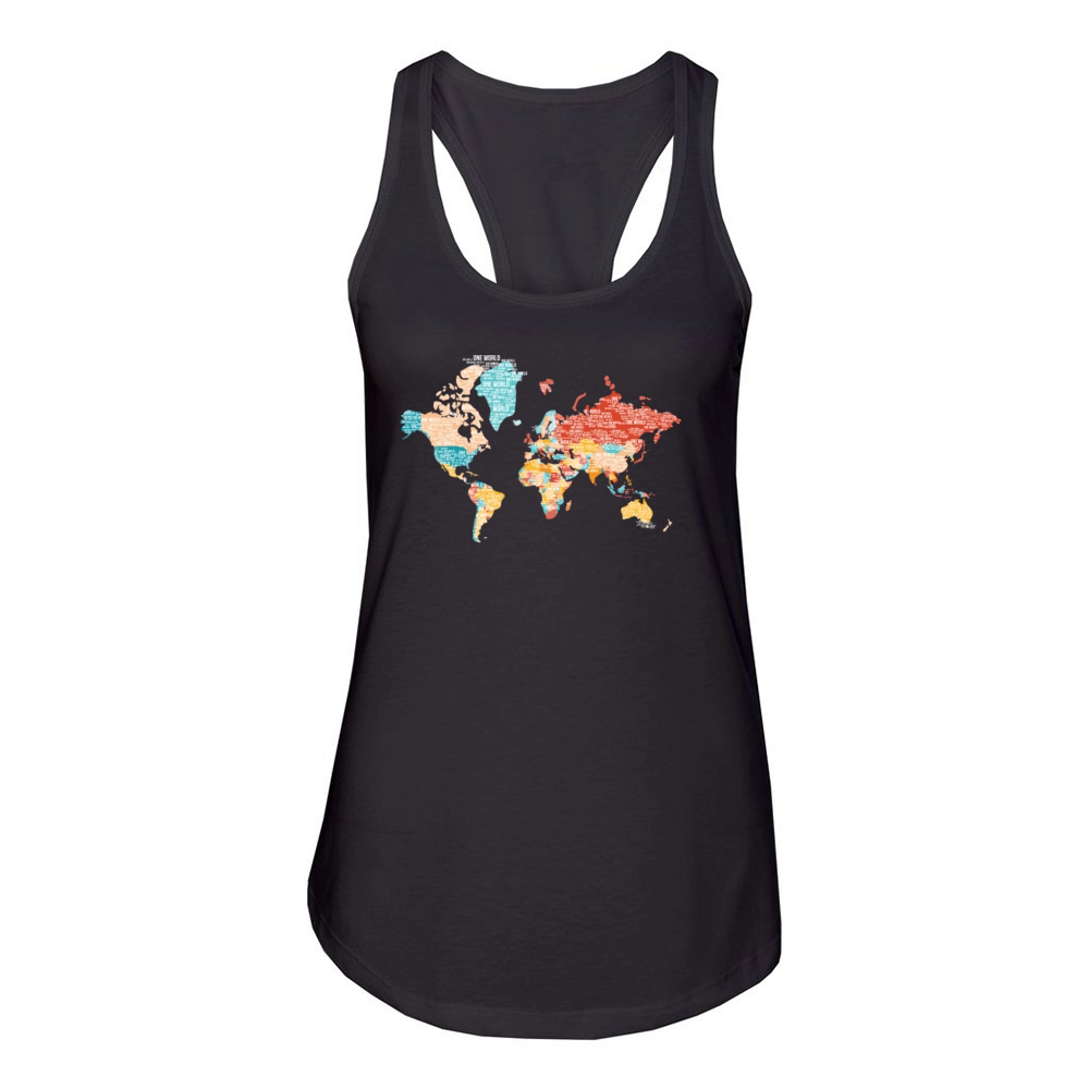 Map Of The Earth From Word Cloud - One World Women's Racerback Tank