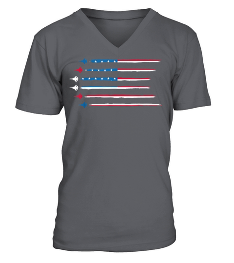 American Flag Military Jet Plane V-Neck T-shirt
