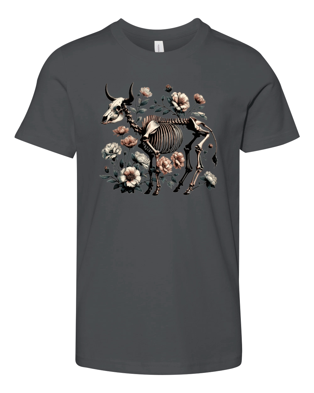 Animal Skeleton Cow Skull Vintage Floral Youth Unisex Jersey Tee